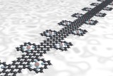 A graphene nanoribbon connects porphyrin molecules – each featuring a metal center (red). — © Empa